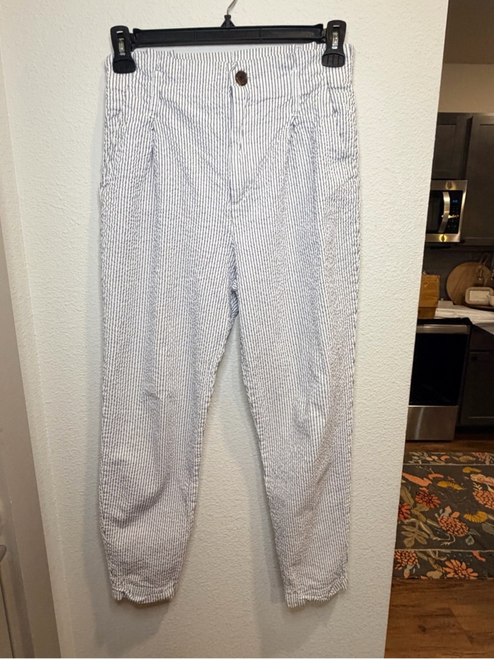 H&M Seersucker Ankle Pants Womens Size 8 Blue and White Stripe Paperbag Waist